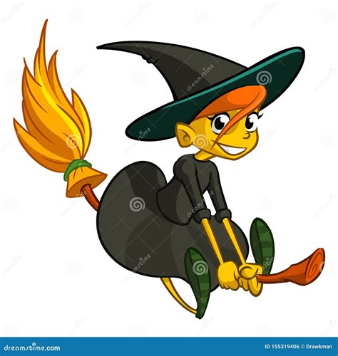 Cartoon Cute Witch Flying on Her Broom Stock Vector - Illustration of broom, hair: 155319406