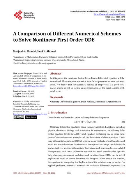 (PDF) A Comparison of Different Numerical Schemes to Solve Nonlinear First Order ODE