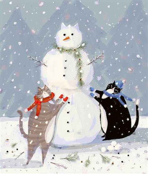 Cat Art Snow Cat Print Cat Painting Snowman Winter Art | Etsy