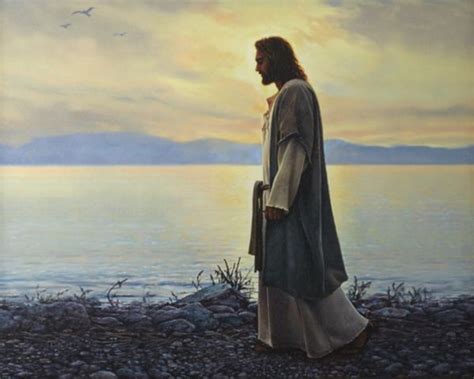 jesus walking on the beach with his hand in his pocket and bible verse written below