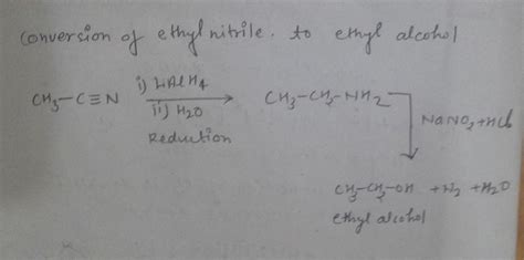 Give names of the reagents to bring about the transformations from Ethanenitrile to ethanol ...