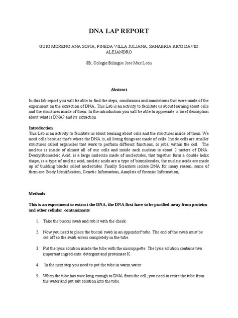 DNA Lab Report | PDF | Dna | Cell (Biology)