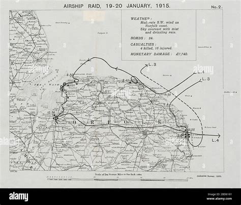 First World War German Airship raid 19-20 January 1915 Yarmouth King's Lynn Norfolk 1930 map ...