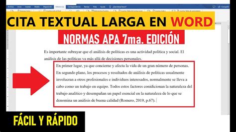 NORMAS APA: CÓMO HACER UNA CITA TEXTUAL LARGA EN WORD PASO A PASO | EJEMPLO | 7ma. ED. - YouTube