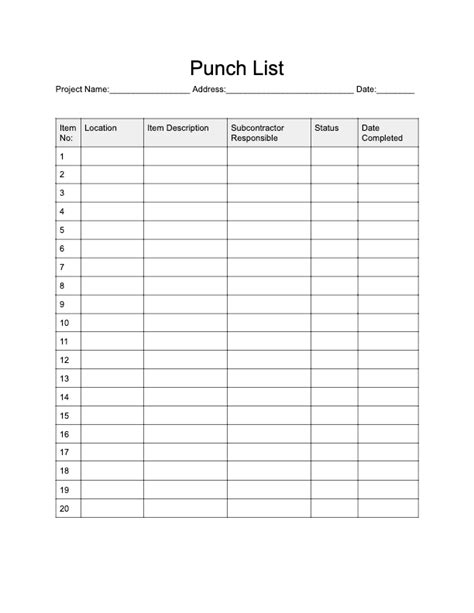 Punch List Template Word