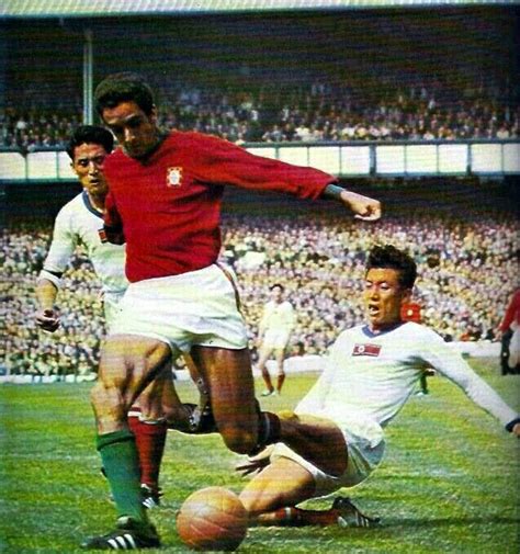 Portugal 5 North Korea 3 in 1966 at Goodison Park. Jose Torres takes on ...