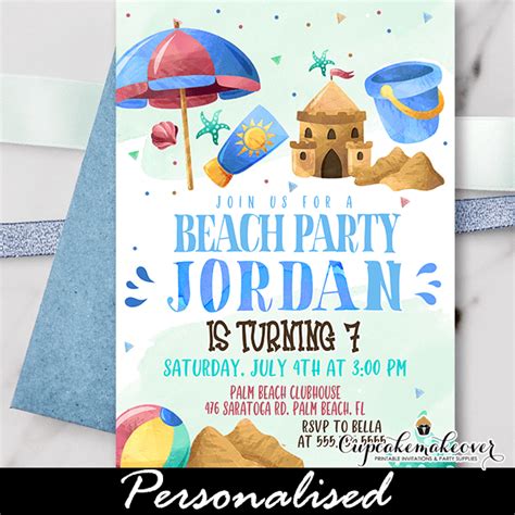 Beach Birthday Invitations, Boy Summer Party - Cupcakemakeover