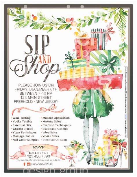 Sip and Shop Event Flyer Printable, Shopping, Holiday Fundraiser, Wine, Martini, Hair Salon ...