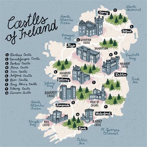 an illustrated map of castles of ireland with the names in english and ...