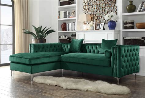 Iconic Home Da Vinci Button Tufted Velvet Left Facing Chaise Sectional Sofa Green | Green sofa ...