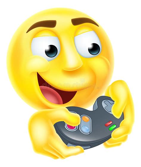 Gamer Emoji Emoticon. A gamer cartoon emoji emoticon smiley face character holding a video games ...