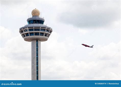 Singapore Changi Airport Traffic Controller Tower with Plane Takeoff Stock Photo - Image of ...