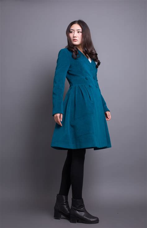 Peacock Blue Coat Pleated Wool Winter Coat Women Long Jacket on Luulla