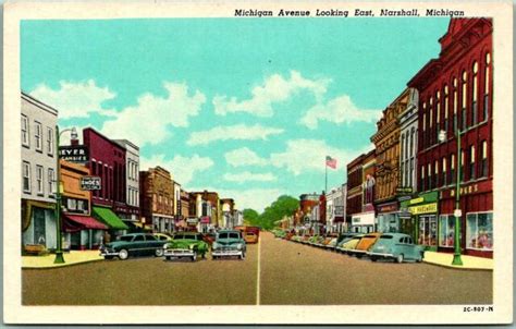 1930s Marshall, MI Postcard "Michigan Avenue Looking East" Downtown Scene Linen | eBay