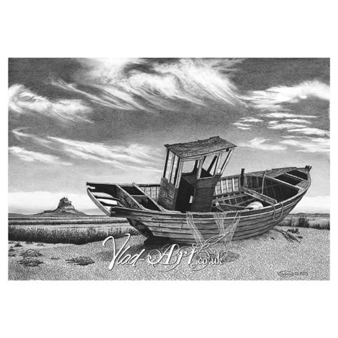 Old fishing boat in Lindisfarne Holy Island pencil drawing by Vlad-Art