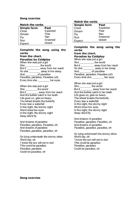 Song Worksheet: Paradise by Coldplay (Simple Past)