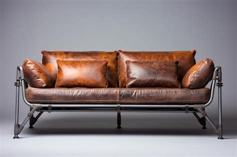 Premium Photo | A brown leather couch with pillows on it