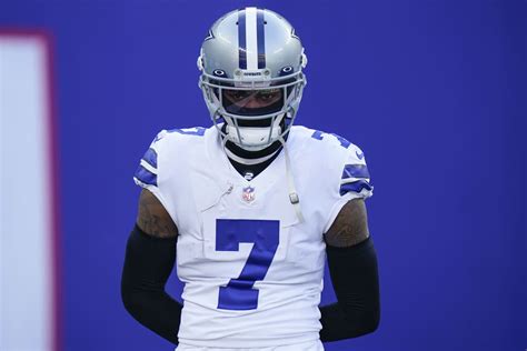 Dallas Cowboys cornerback Trevon Diggs (7) warms up before playing against the New York Giants ...