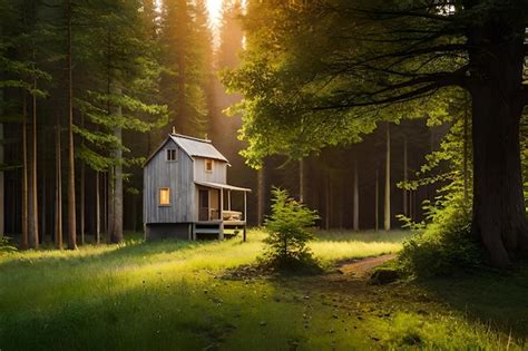 Premium Photo | A cabin in the woods with a light on the window