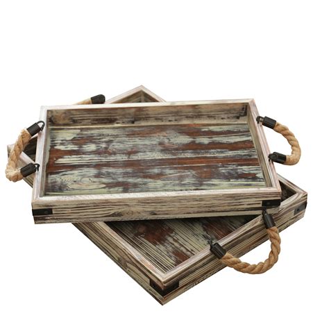 Country Rustic Wood Coffee Tray Set of 2 with Rope Handles / Breakfast Platters / Serving Trays ...