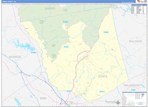 Jones County, GA Zip Code Wall Map Basic Style by MarketMAPS - MapSales