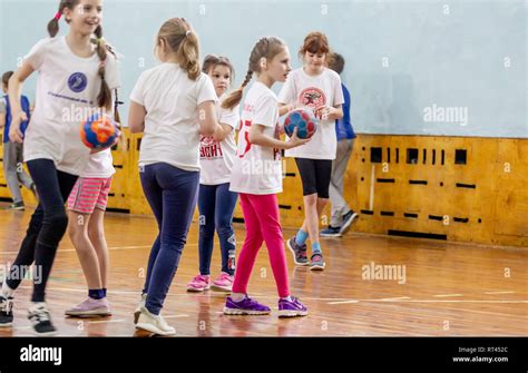 Russia, Vladivostok, 02/26/2019. Kids play handball indoor. Sports and ...