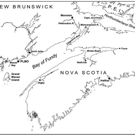 Map of the Bay of Fundy showing the location of the Point Lepreau Bird... | Download Scientific ...