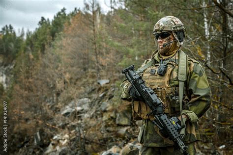 Norwegian Rapid reaction special forces FSK soldier patrolling in the ...