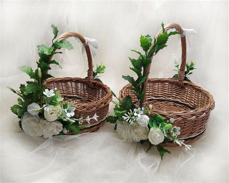 Flower girl basket, rustic flower girl basket with faux white, ivory ...