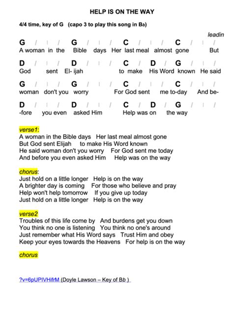 Help Is On The Way Chord Chart - 4/4 Time, Key Of G (Capo 3 To Play This Song In Bb) printable ...