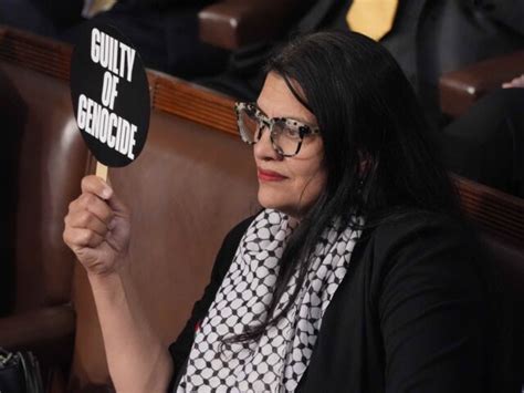 Rashida Tlaib Holds Up 'War Criminal' Sign During Netanyahu Speech