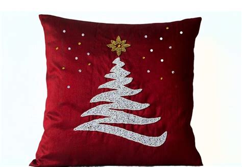 Red Christmas Pillow Covers with White Christmas Tree, Gold Star Embroidery