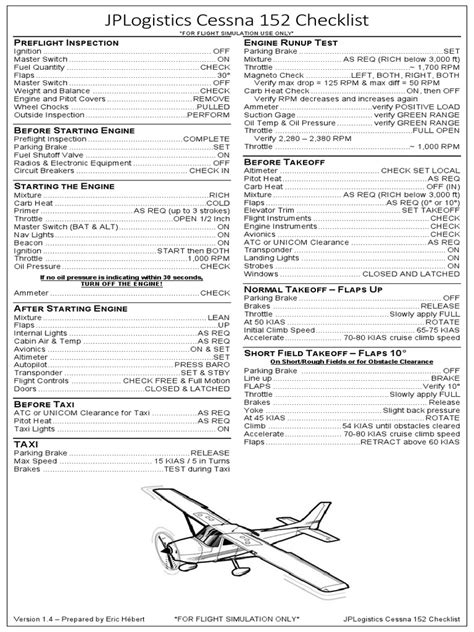 JPLogistics Cessna 152 Checklist v1.4 | PDF | Carburetor | Brake