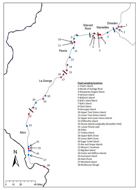 Map of the Illinois Waterway and the fixed locations sampled by the ...