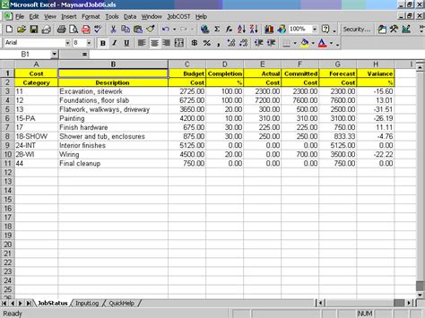 Job Cost Controller Spreadsheet for Excel