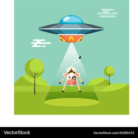 Cartoon funny aliens spaceship abducts the cow Vector Image