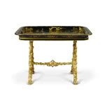 A Victorian Papier-Mâché Black and Gold Lacquer Tray on Carved Giltwood Stand, Mid-19th Century ...