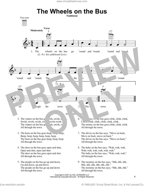 The Wheels On The Bus sheet music for ukulele (PDF-interactive)