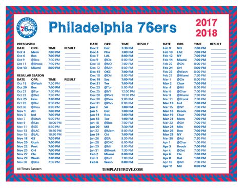 Printable 2017-2018 Philadelphia 76ers Schedule