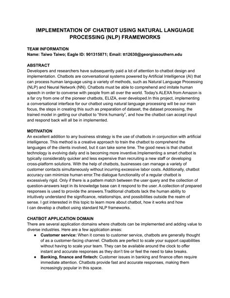 (PDF) IMPLEMENTATION OF CHATBOT USING NATURAL LANGUAGE PROCESSING (NLP) FRAMEWORKS