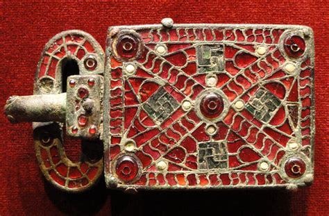 File:Belt Buckle, about 520-560 AD, Visigothic, Spain, bronze with garnets, glass, mother of ...