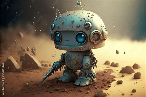 small cute robot in fantasy world, ai art Stock Illustration | Adobe Stock