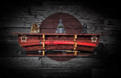 Two Tier Samurai Sword Display Rack Wall Shelf Wood Ninja Katana ...