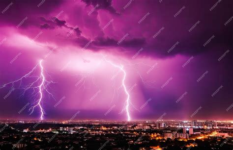 Premium Photo | Lightning storm over city in blue light