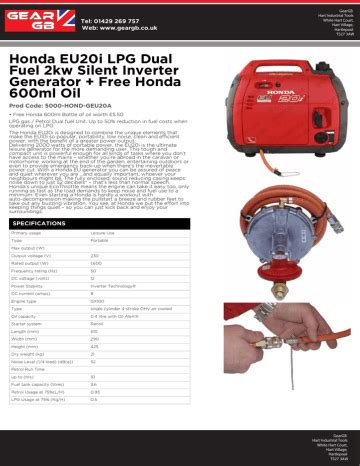 Honda EU20i LPG Dual Fuel 2kw Silent Inverter Generator + Free | Manualzz