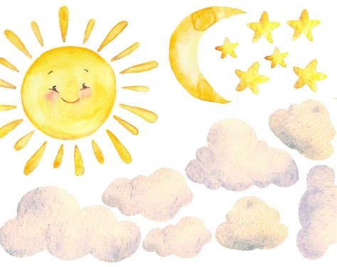 Watercolor Sun Moon Stars and Clouds Wall Decal Fabric Nursery - Etsy