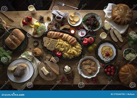 Table with food, top view stock illustration. Illustration of people - 275544790