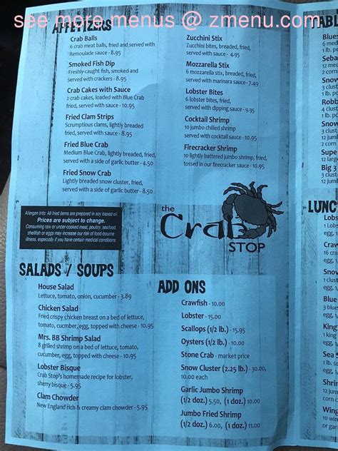 Menu at Crab Stop of Sebastian - Seafood Restaurant, Sebastian