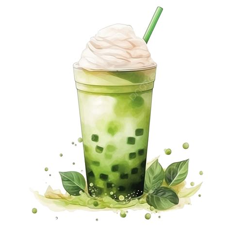 Matcha Latte Milk Tea With Bubble Composition Watercolor, Green Tea, Drink, Beverage PNG ...