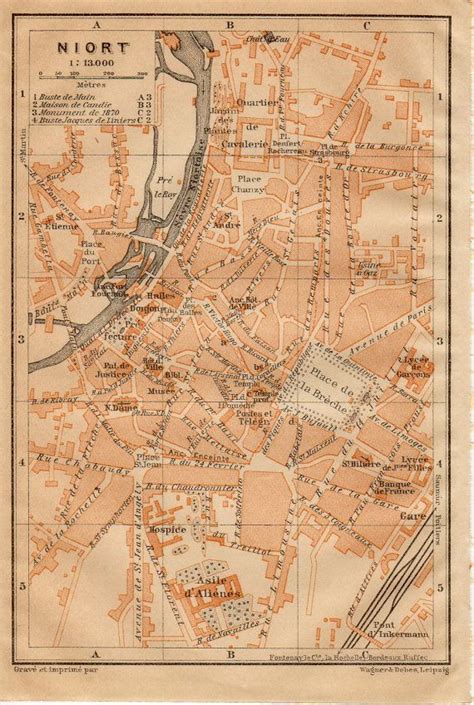 1914 Niort, France, Antique Map, Vintage Lithograph, Deux-Sèvres, Poitou-Charentes Region, Sèvre ...